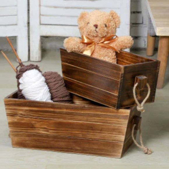 SET OF 3 DRK BROWN WOOD NESTING CRATES/PLANTERS W/ ROPE HANDLES (NEW) - Picture 3 of 5